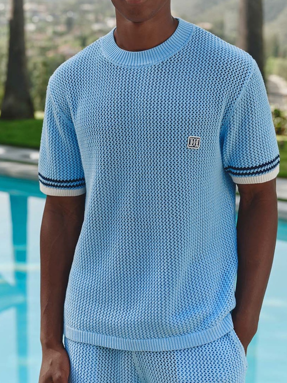 Mauvais MALIBU COTTON SHORT SLEEVE CROCHET T-SHIRT IN BLUE